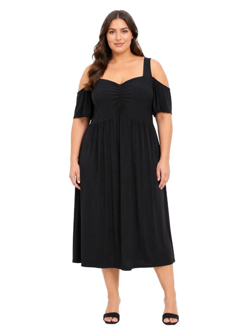 Torrid Size 2 Black Midi Dress Ruched Bust Cold Shoulder Flowy Chic